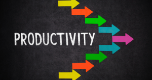 Colorful arrows pointing toward the word 'Productivity' on a dark background.