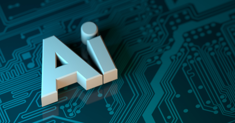 AI lettering on a circuit board background representing artificial intelligence technology.