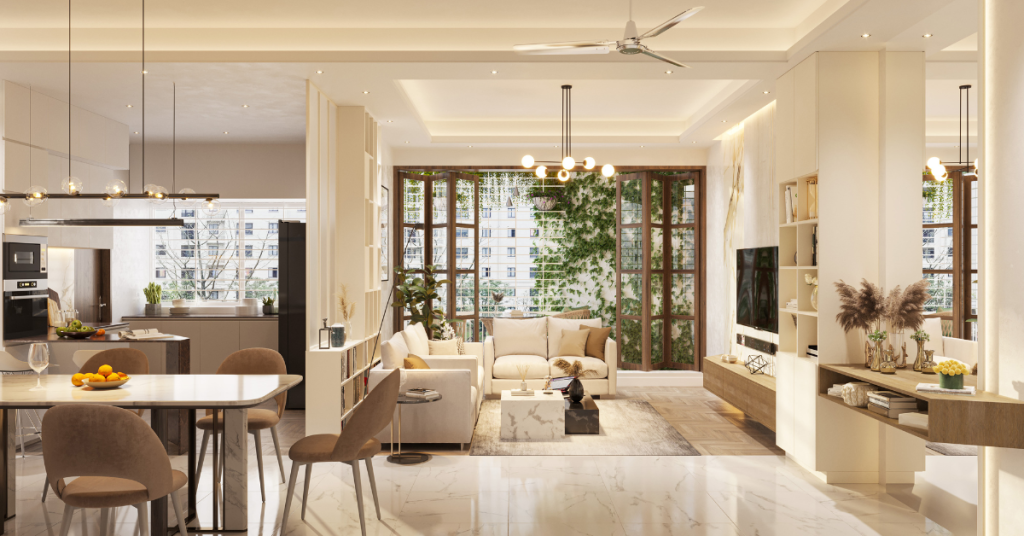 Modern living room with natural materials, open layout, and greenery reflecting 2024 interior design trends.