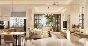 Modern living room with natural materials, open layout, and greenery reflecting 2024 interior design trends.