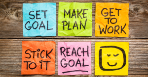 Colorful sticky notes with motivational goal-setting phrases: 'Set Goal,' 'Make Plan,' 'Get to Work,' 'Stick to It,' and 'Reach Goal,' arranged on a wooden surface.