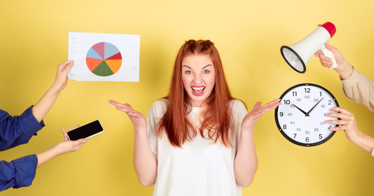 Stressed woman surrounded by a clock, a phone, a pie chart, and a megaphone.