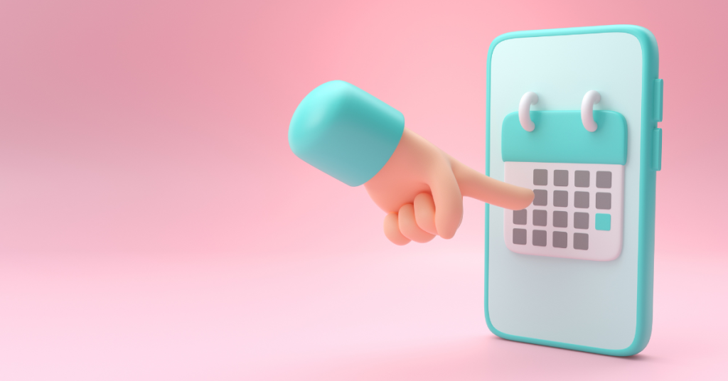 3D illustration of a hand pointing at a calendar on a smartphone screen, representing productivity and time management apps.