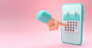 3D illustration of a hand pointing at a calendar on a smartphone screen, representing productivity and time management apps.