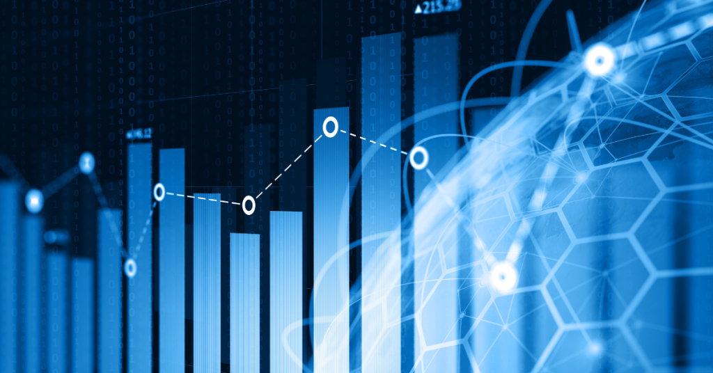 Digital data graph with a world map, representing global technology trends and advancements in 2024.